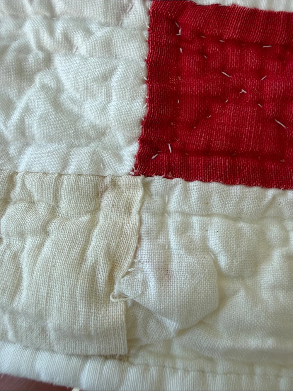 Vintage 1930-1940s Red & White Patchwork Checkered Feed Sack Quilt 65x74